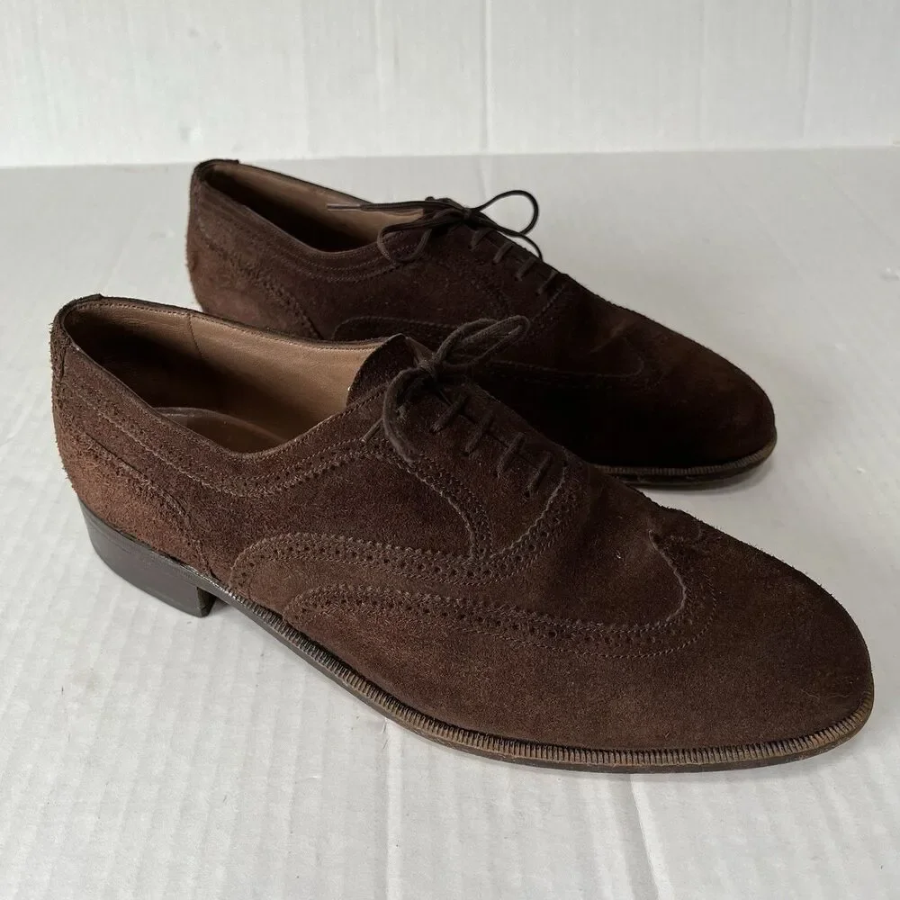 Bally Mens Sz 9.5 Brown Suede Wingtip Oxford Derby Brogue Shoes Made in Italy